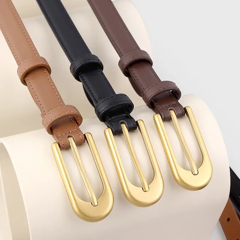 Retro Belt for Women Brown Black Gold Buckle