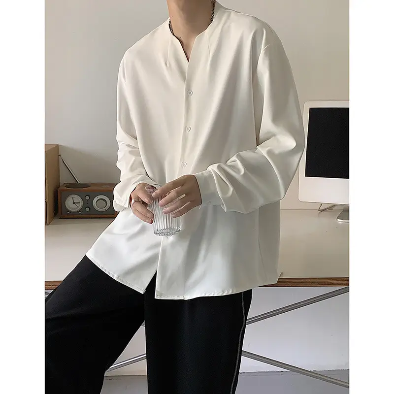 White V-Neck Long Sleeve Men's Shirt - Image 4