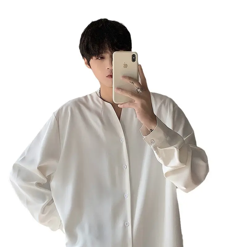 White V-Neck Long Sleeve Men's Shirt - Image 6