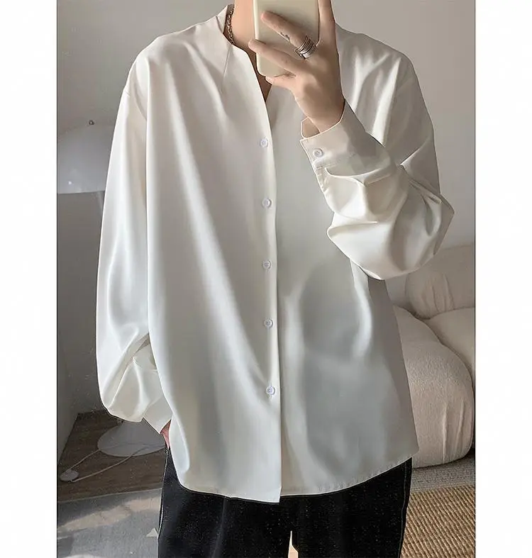 White V-Neck Long Sleeve Men's Shirt — feature 10