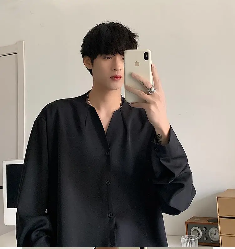 White V-Neck Long Sleeve Men's Shirt — feature 11