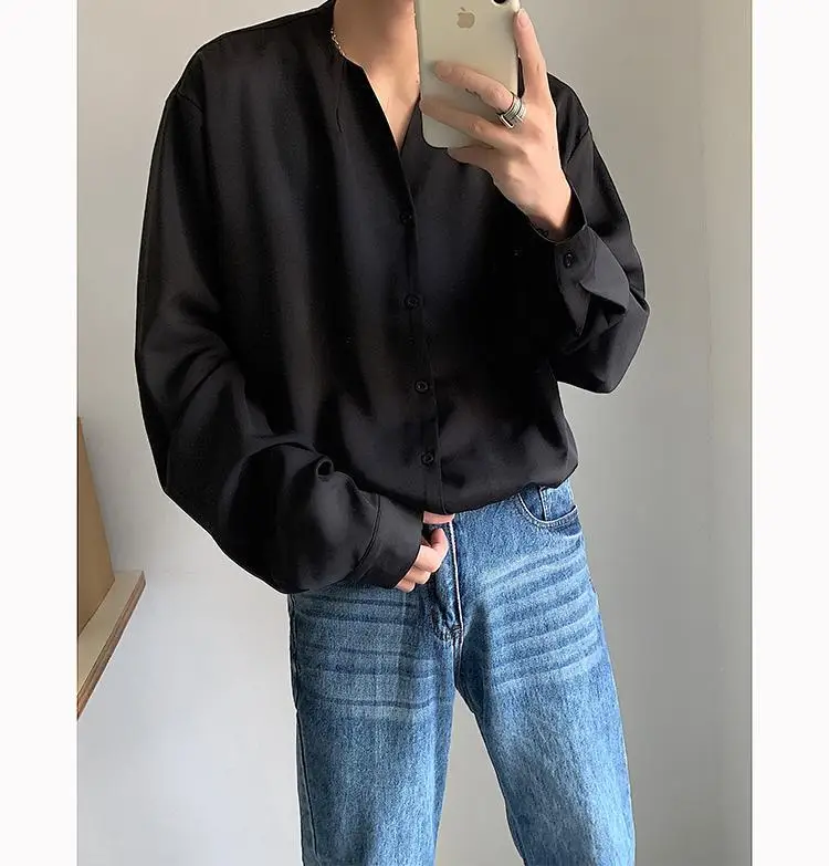 White V-Neck Long Sleeve Men's Shirt — feature 12