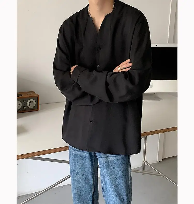 White V-Neck Long Sleeve Men's Shirt — feature 13