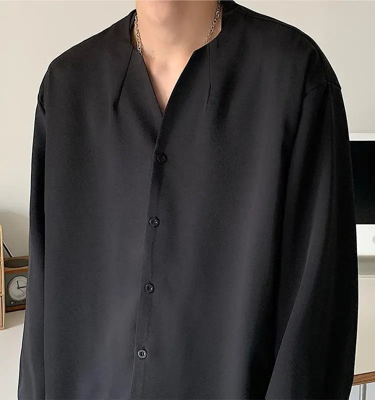 White V-Neck Long Sleeve Men's Shirt — feature 15