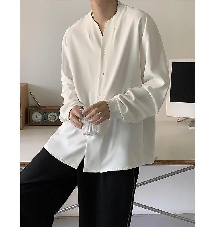 White V-Neck Long Sleeve Men's Shirt — feature 2