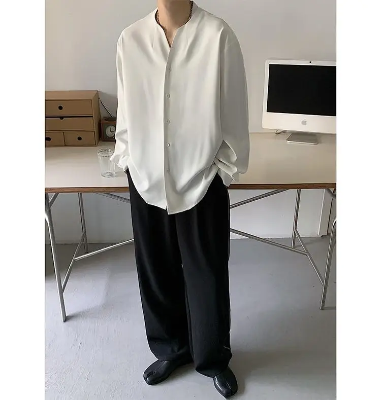 White V-Neck Long Sleeve Men's Shirt — feature 3