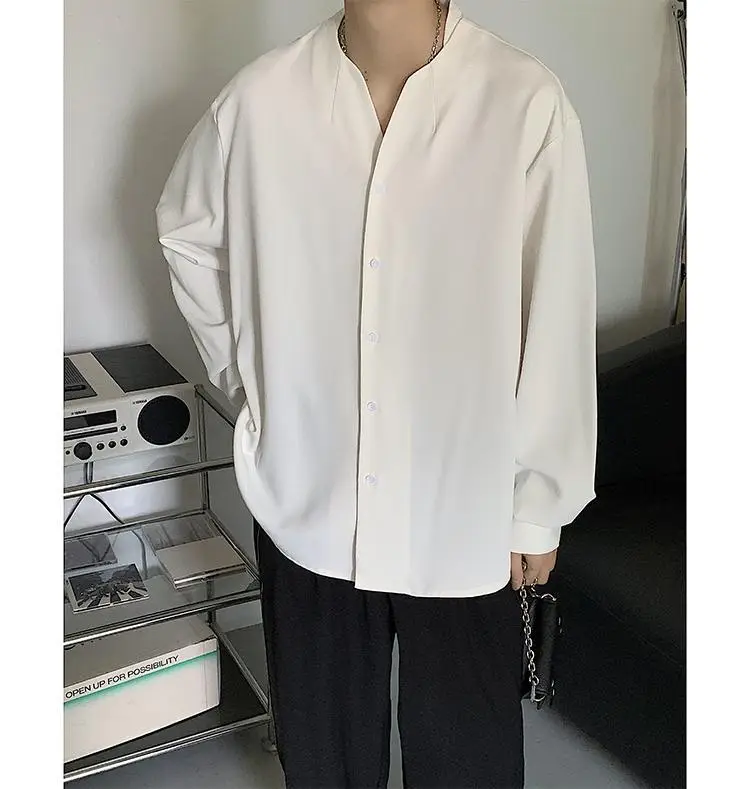 White V-Neck Long Sleeve Men's Shirt — feature 4