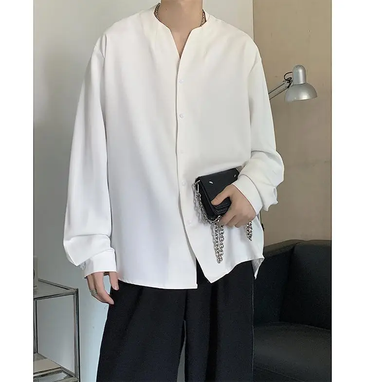 White V-Neck Long Sleeve Men's Shirt — feature 5