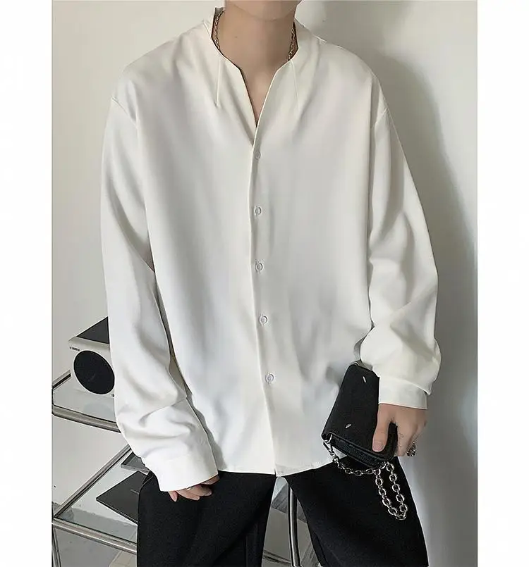 White V-Neck Long Sleeve Men's Shirt — feature 6
