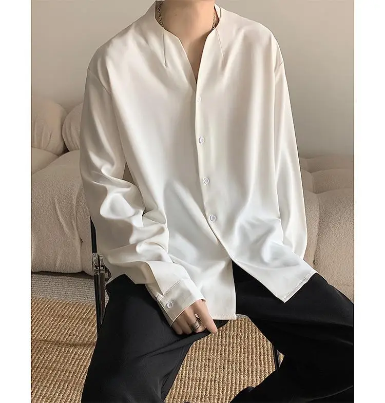 White V-Neck Long Sleeve Men's Shirt — feature 7
