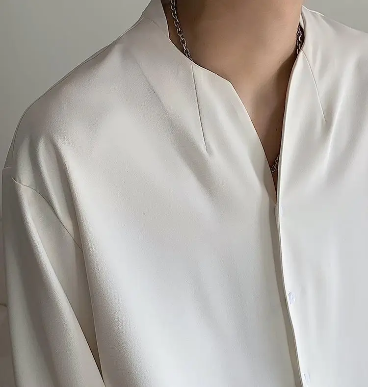 White V-Neck Long Sleeve Men's Shirt — feature 8