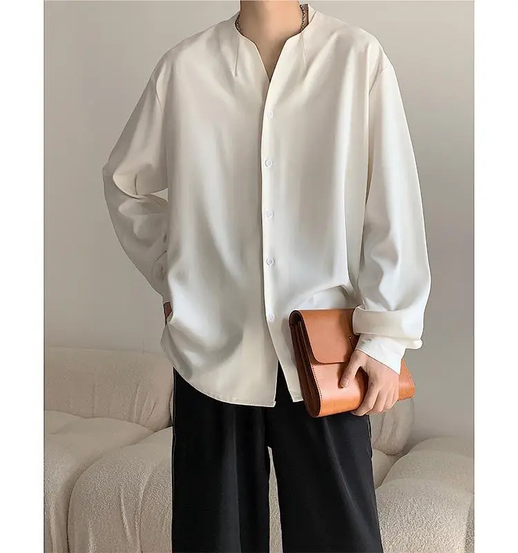 White V-Neck Long Sleeve Men's Shirt — feature 9