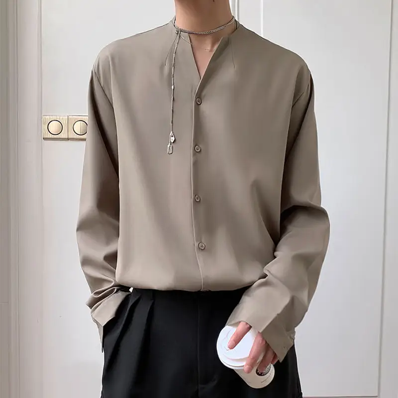 White V-Neck Long Sleeve Men's Shirt - Image 2