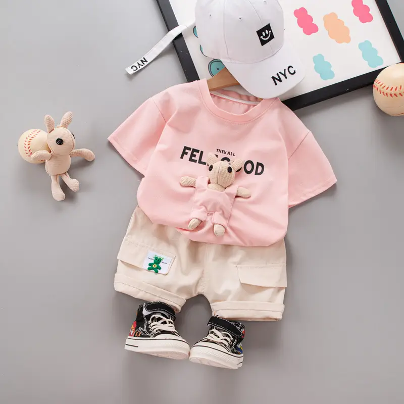 Children Cotton Short Sleeve T-Shirt Shorts Set Yellow - Image 2