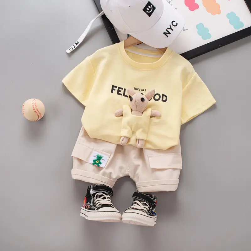 Children Cotton Short Sleeve T-Shirt Shorts Set Yellow - Image 3