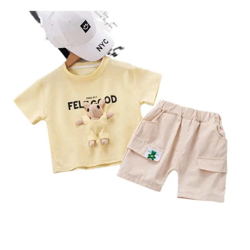 Children Cotton Short Sleeve T-Shirt Shorts Set Yellow - Image 5