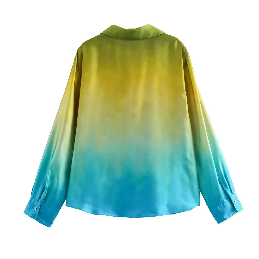 European and American Style Women's Clothing Export New Silk Satin Texture Tie-Dyed Long-Sleeved Shirt + Loose Tie-Dyed High-Waisted Pants Suit