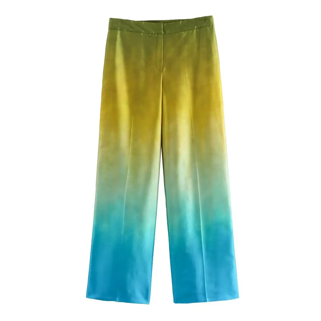 European and American Style Women's Clothing Export New Silk Satin Texture Tie-Dyed Long-Sleeved Shirt + Loose Tie-Dyed High-Waisted Pants Suit