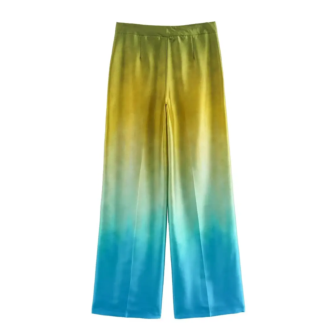 European and American Style Women's Clothing Export New Silk Satin Texture Tie-Dyed Long-Sleeved Shirt + Loose Tie-Dyed High-Waisted Pants Suit