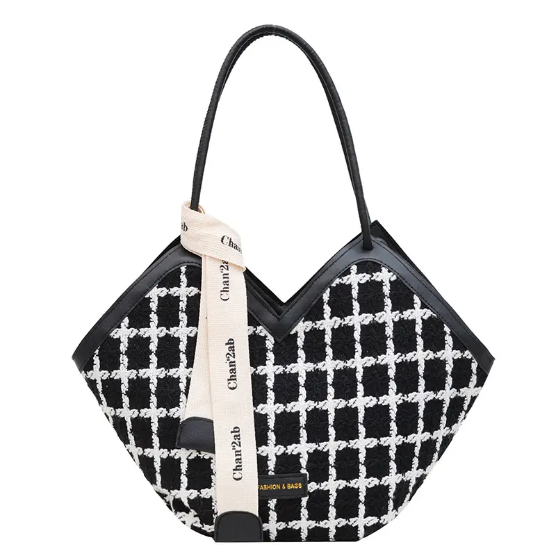 European American Fashion Women's Plaid Silk Tote Bag Large Capacity - Image 7