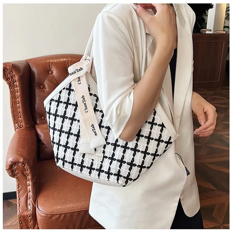 European American Fashion Women's Plaid Silk Tote Bag Large Capacity — feature 10