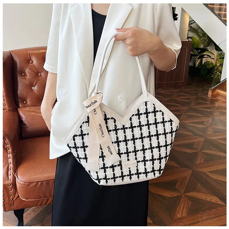 European American Fashion Women's Plaid Silk Tote Bag Large Capacity — feature 11
