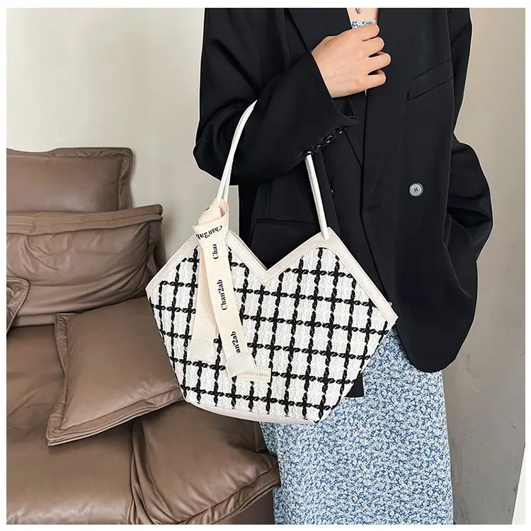 European American Fashion Women's Plaid Silk Tote Bag Large Capacity — feature 13
