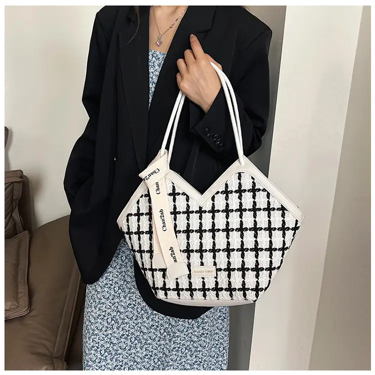 European American Fashion Women's Plaid Silk Tote Bag Large Capacity — feature 15