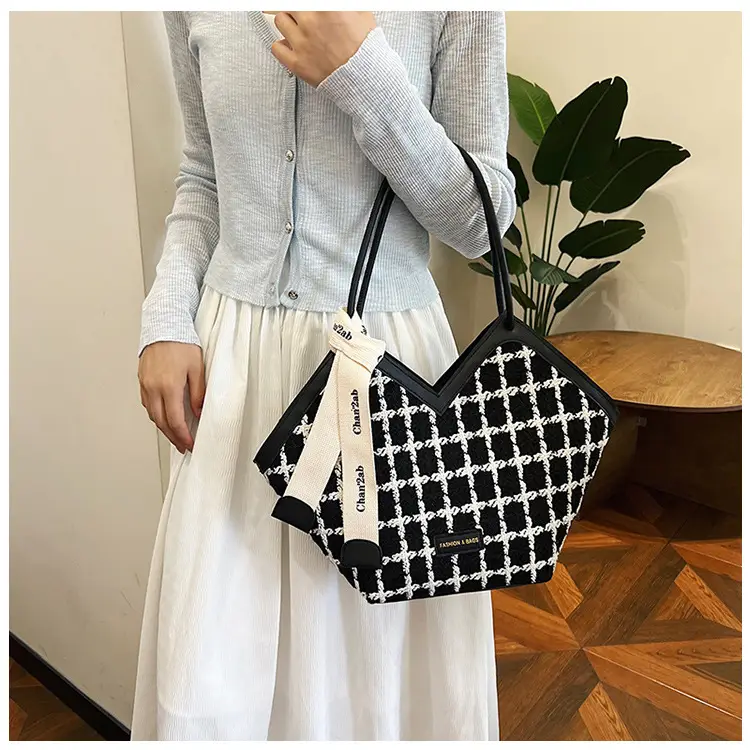 European American Fashion Women's Plaid Silk Tote Bag Large Capacity — feature 16