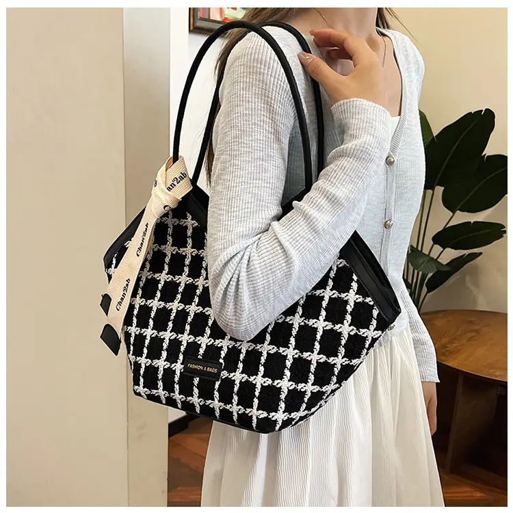 European American Fashion Women's Plaid Silk Tote Bag Large Capacity — feature 19