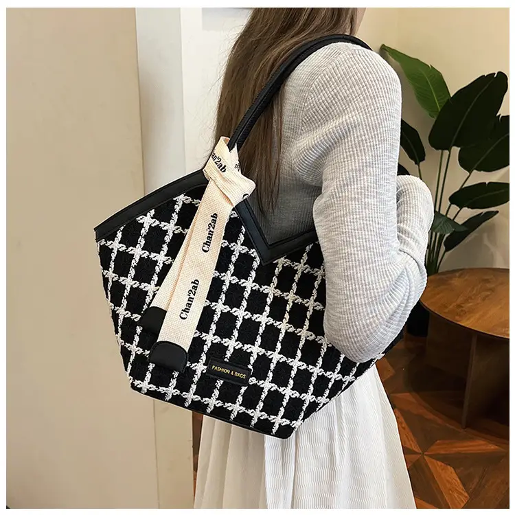 European American Fashion Women's Plaid Silk Tote Bag Large Capacity — feature 20