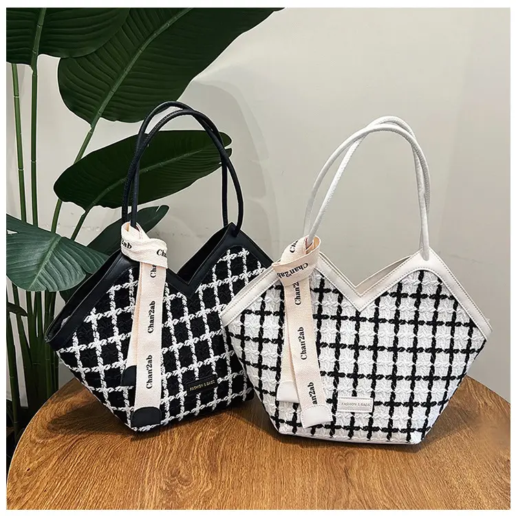 European American Fashion Women's Plaid Silk Tote Bag Large Capacity — feature 24