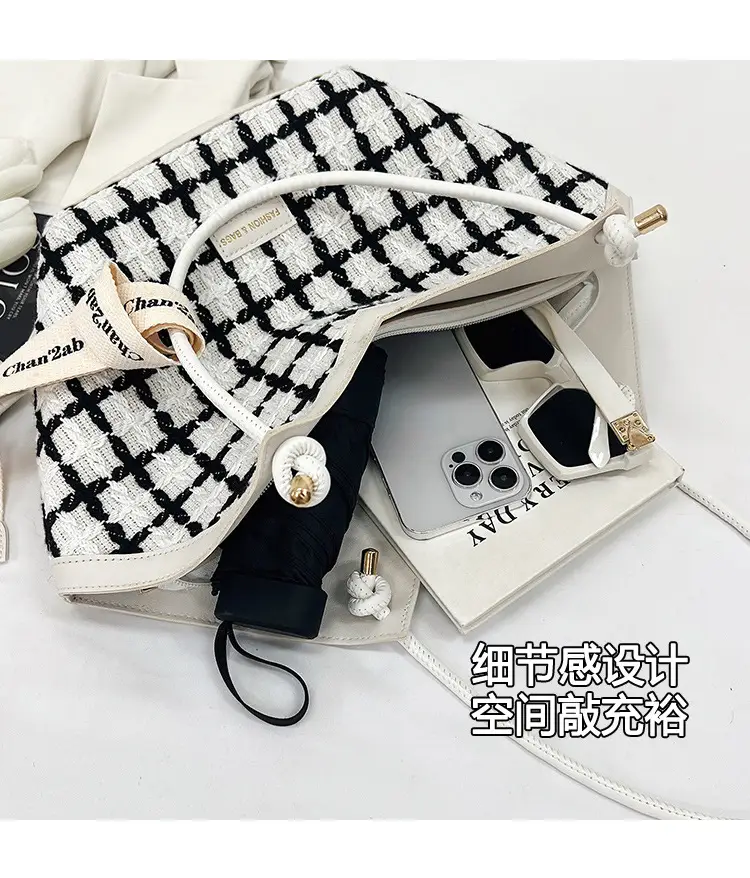 European American Fashion Women's Plaid Silk Tote Bag Large Capacity — feature 3