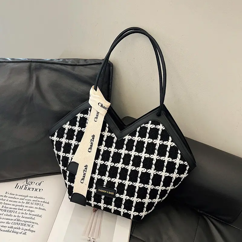 European American Fashion Women's Plaid Silk Tote Bag Large Capacity - Image 2
