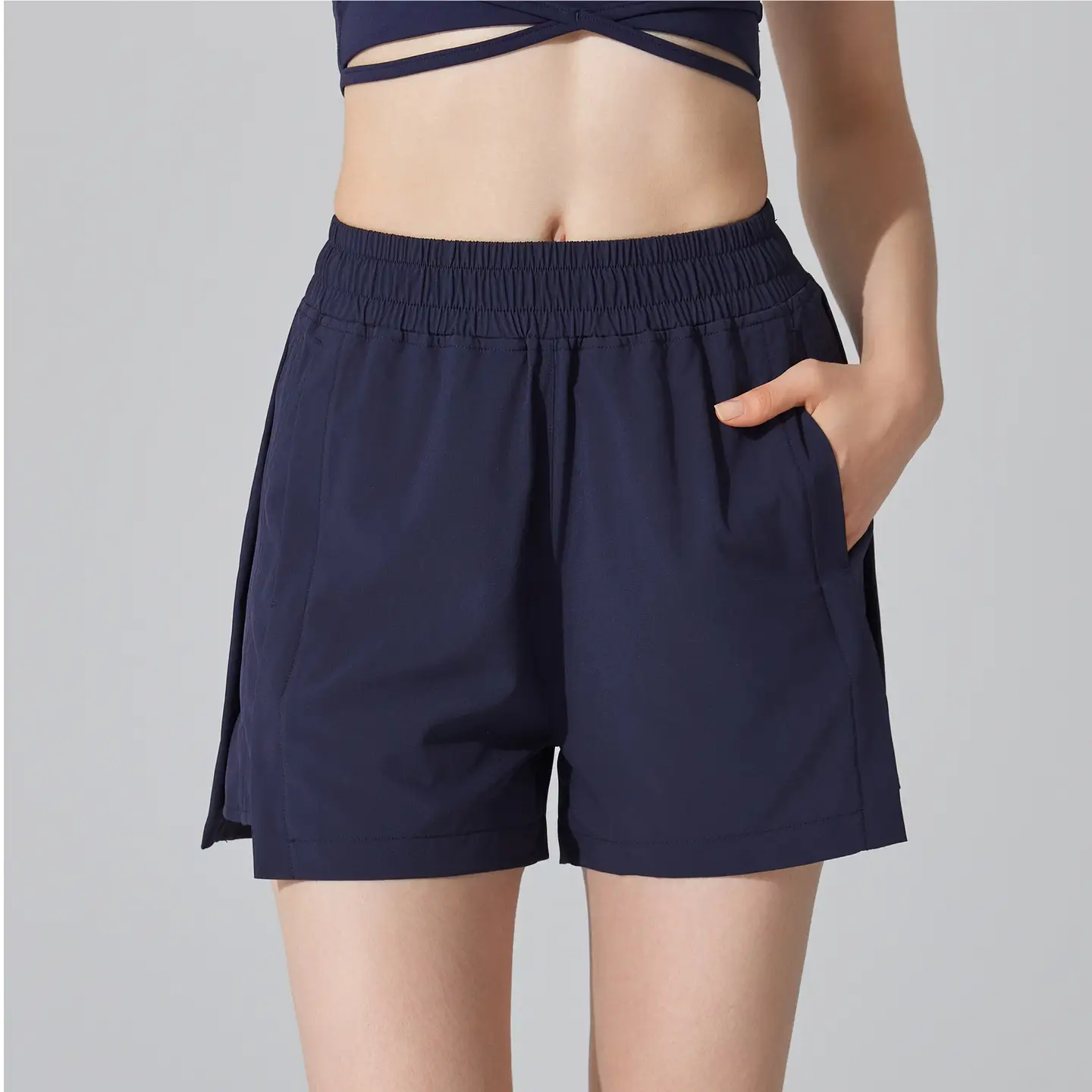 Cross-Border Running Shorts with Pockets, Four-Way Stretch, Beige - Image 7