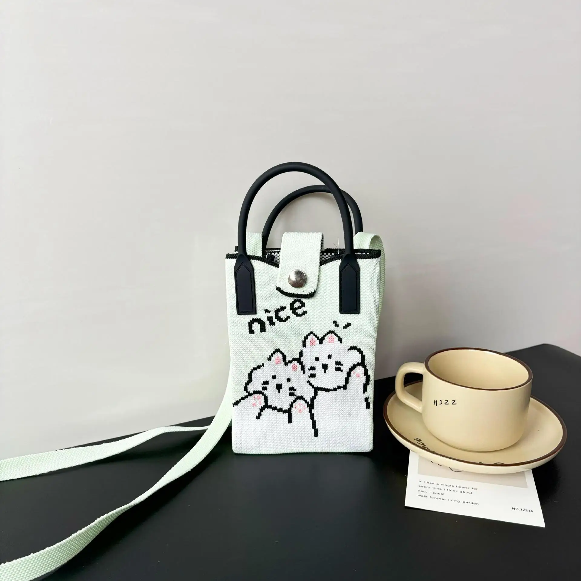 Cartoon Knitted Crossbody Bag with Green Handles - Image 110