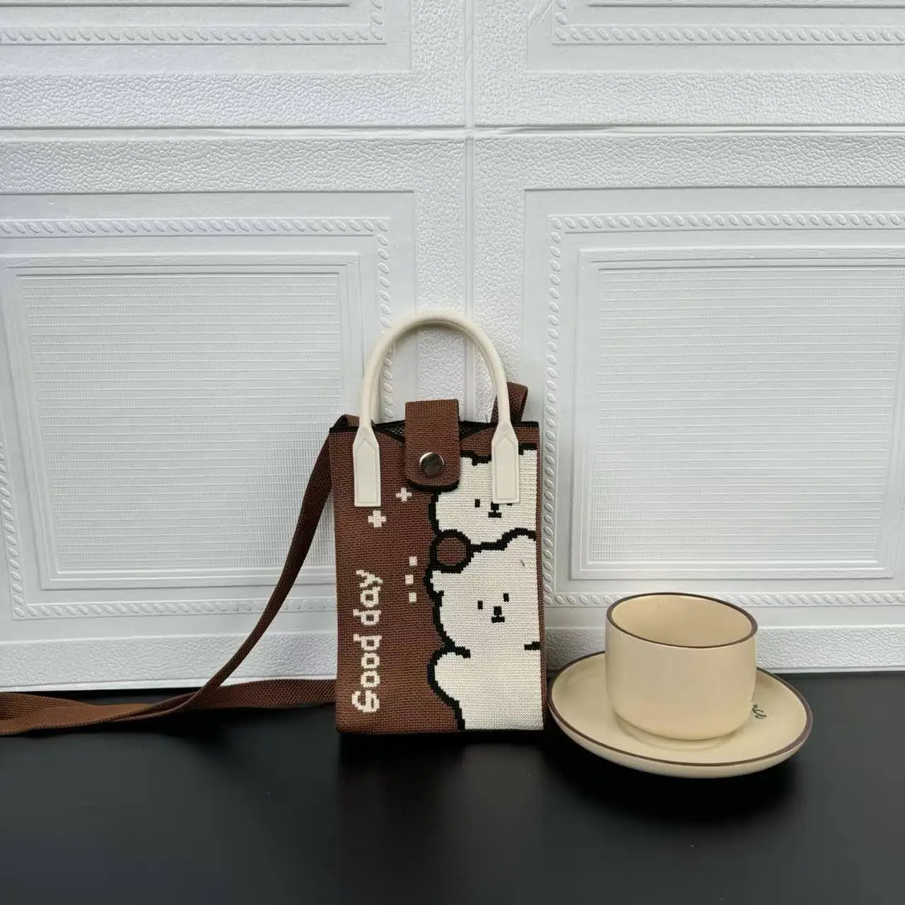 Cartoon Knitted Crossbody Bag with Green Handles - Image 10