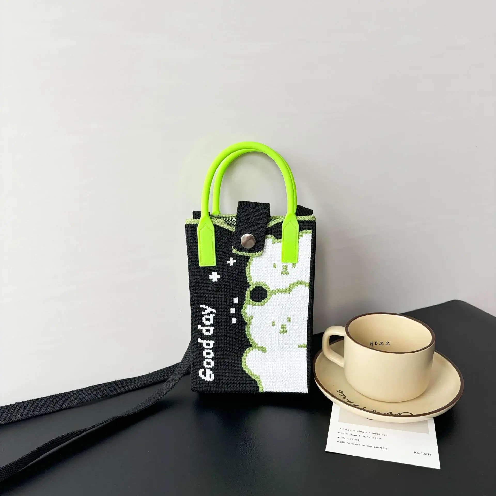 Cartoon Knitted Crossbody Bag with Green Handles - Image 12