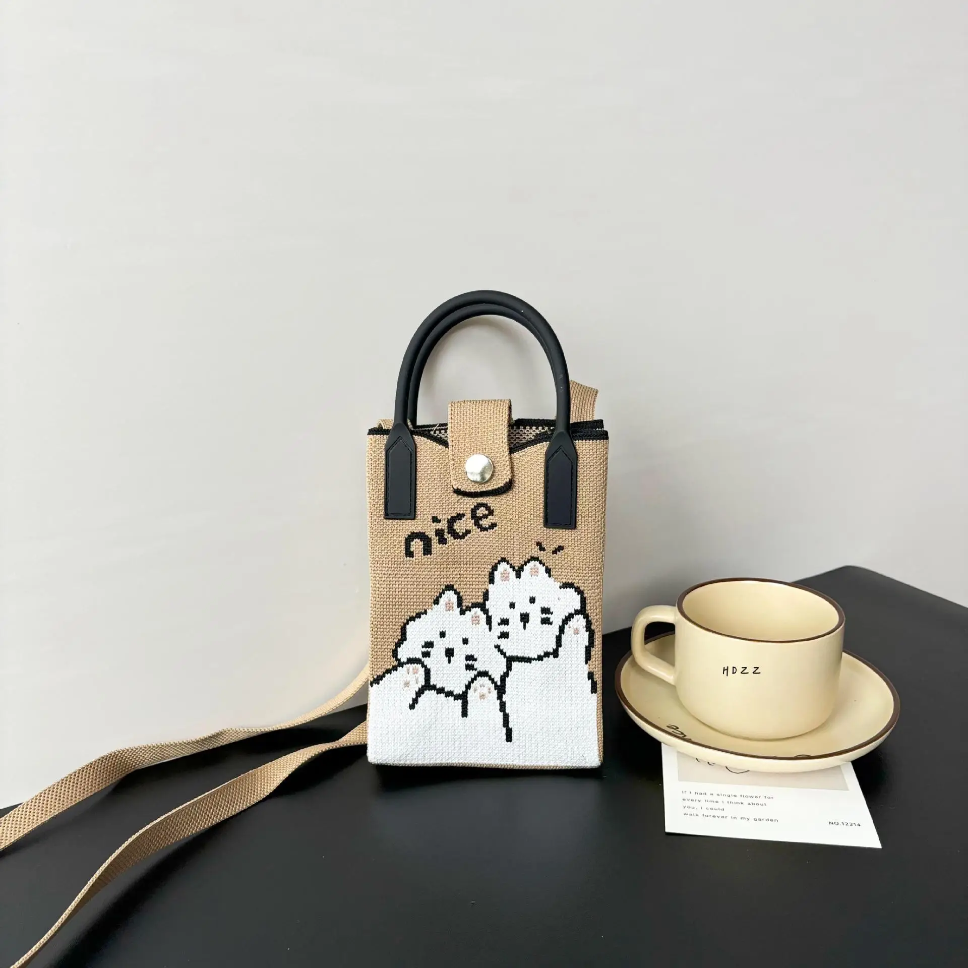 Cartoon Knitted Crossbody Bag with Green Handles - Image 3