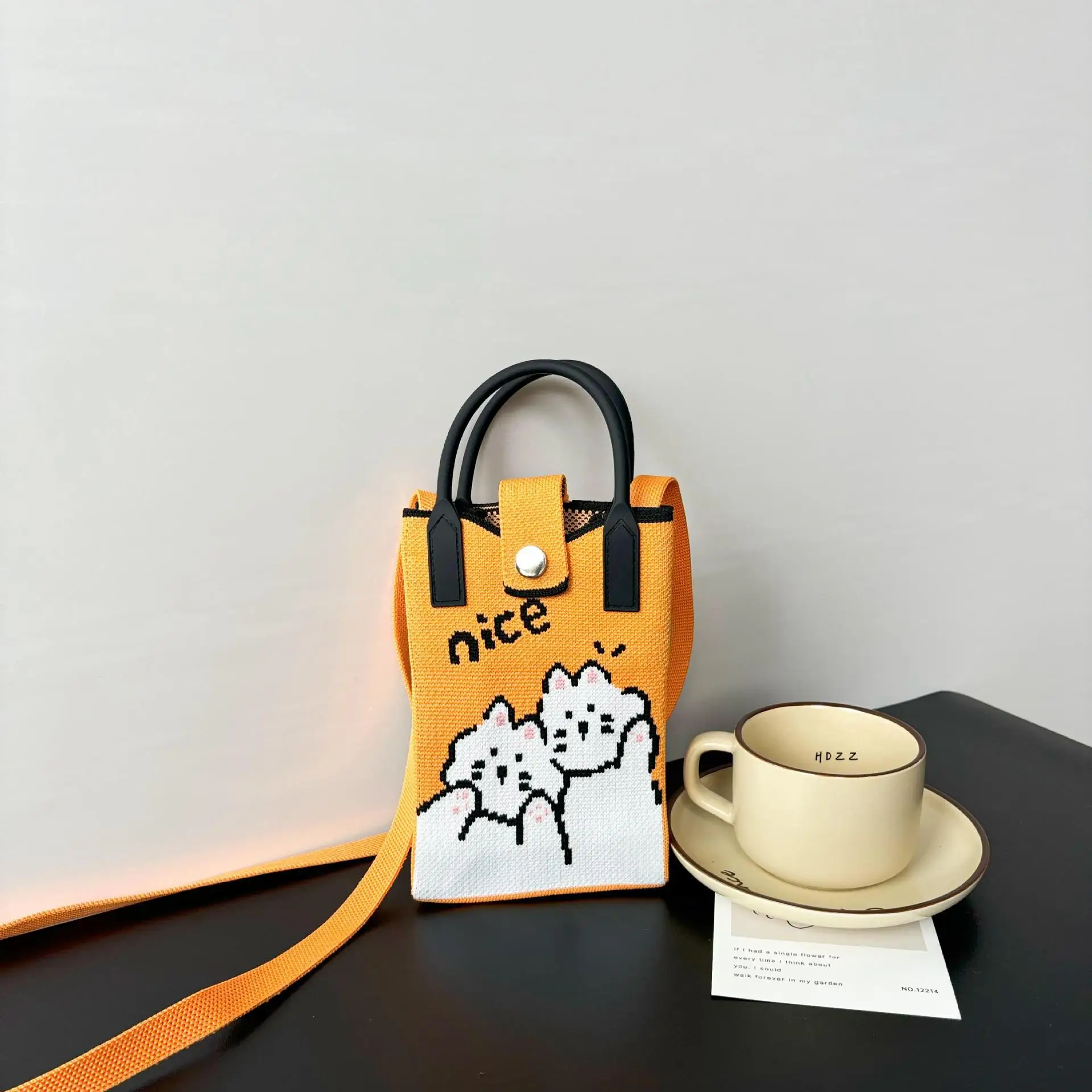 Cartoon Knitted Crossbody Bag with Green Handles - Image 4