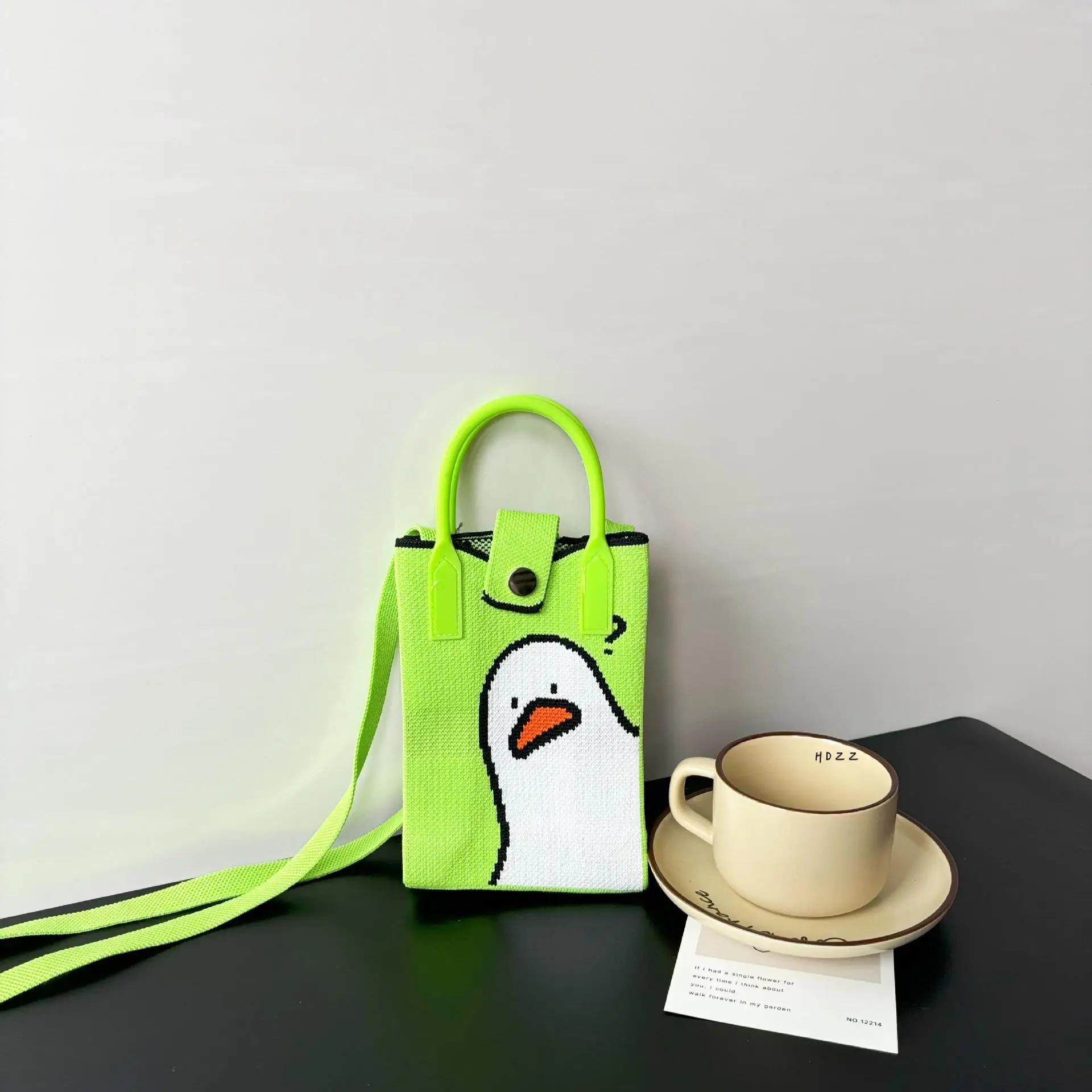 Cartoon Knitted Crossbody Bag with Green Handles - Image 7