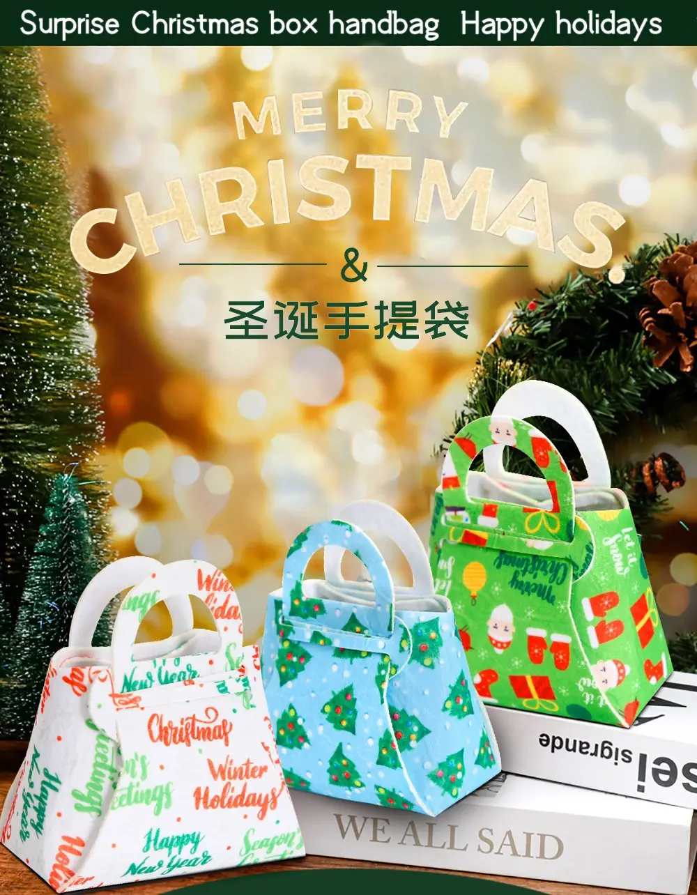 Christmas Felt Tote Bag Green Red Bow Decor — feature 6