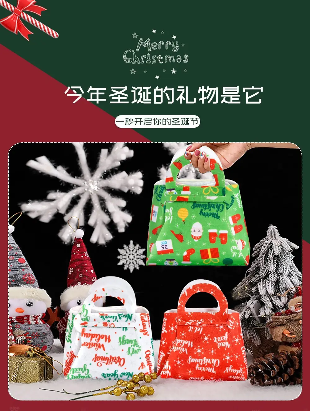 Christmas Felt Tote Bag Green Red Bow Decor — feature 7