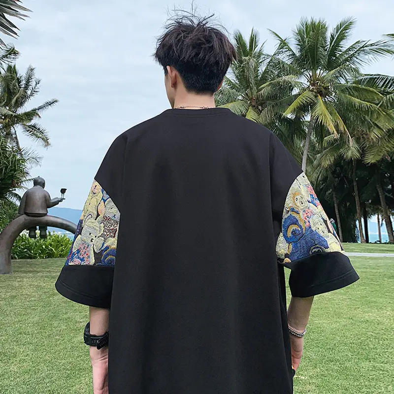 Men Black Graphic T-shirt with Embroidered Sleeves