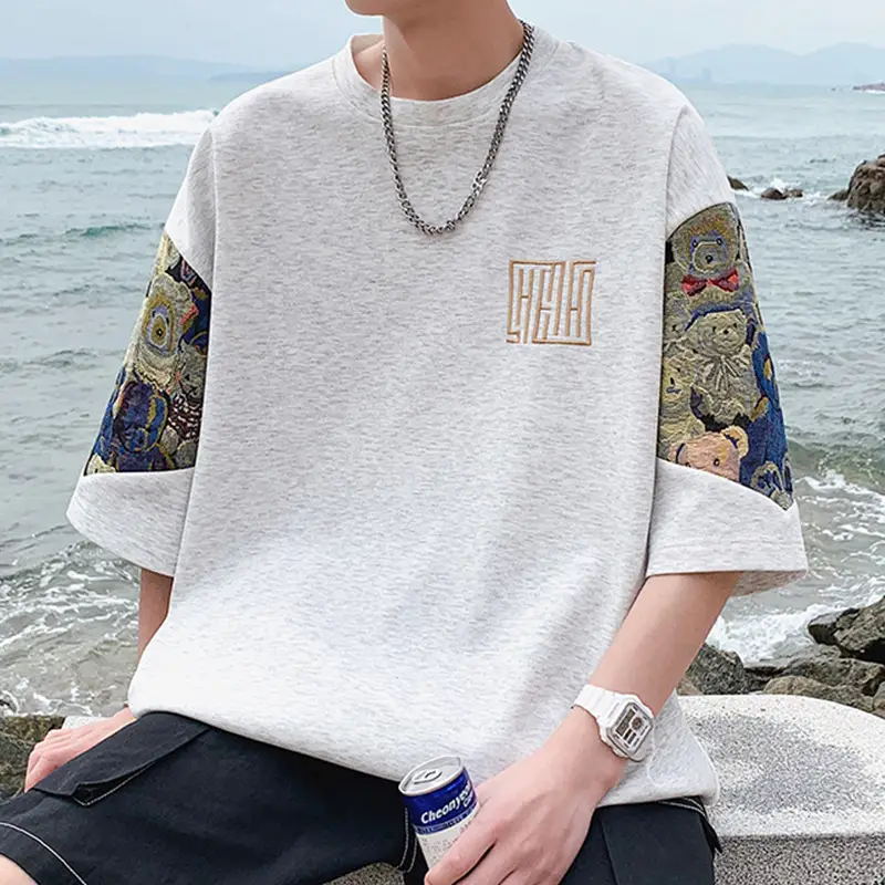 Men Black Graphic T-shirt with Embroidered Sleeves