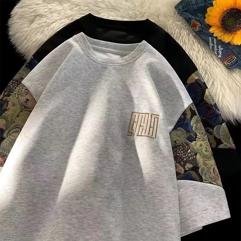 Men Black Graphic T-shirt with Embroidered Sleeves