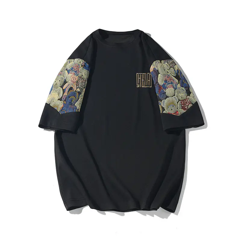 Men Black Graphic T-shirt with Embroidered Sleeves