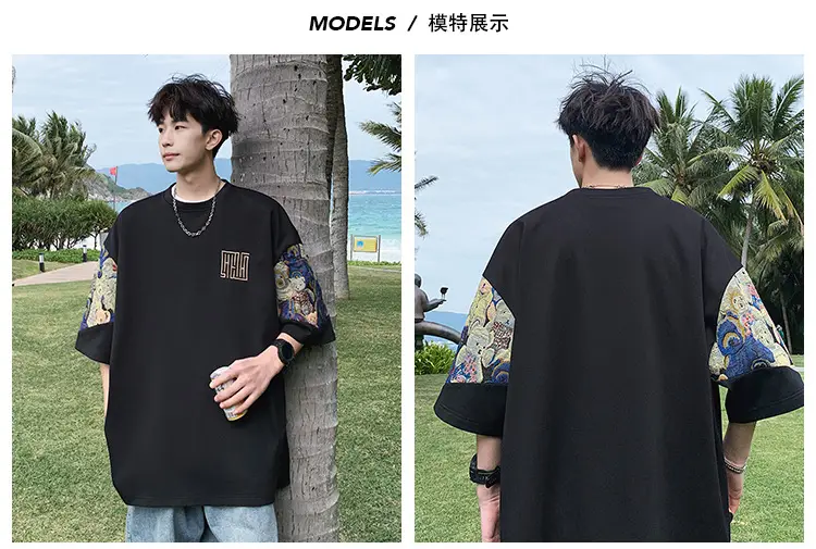 Men Black Graphic T-shirt with Embroidered Sleeves — feature 3
