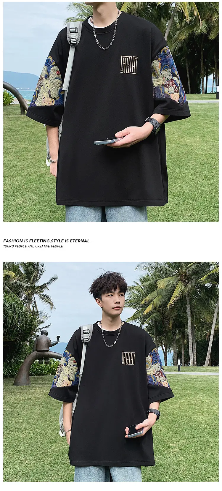 Men Black Graphic T-shirt with Embroidered Sleeves — feature 4