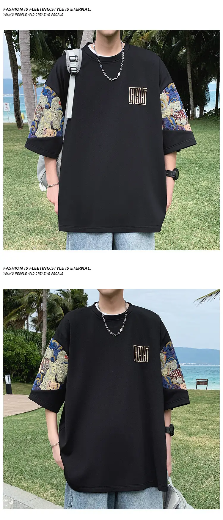 Men Black Graphic T-shirt with Embroidered Sleeves — feature 5